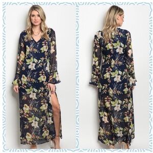 Boho Navy Floral Side Split Dress